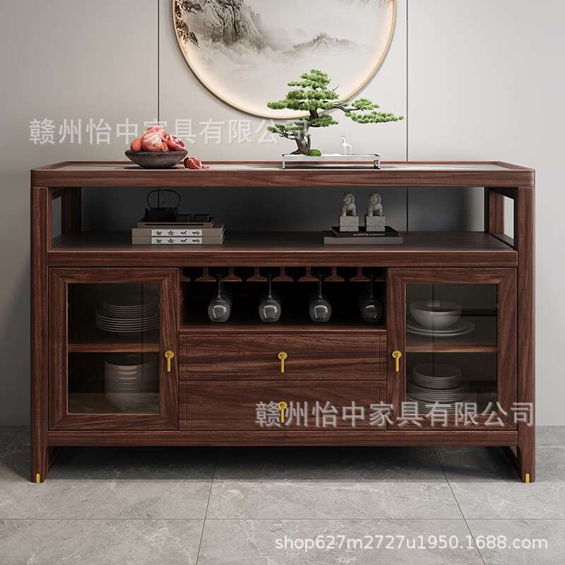 乌金木岩板餐边柜实木两门新中式轻奢高端客厅入户茶边茶水柜靠墙
