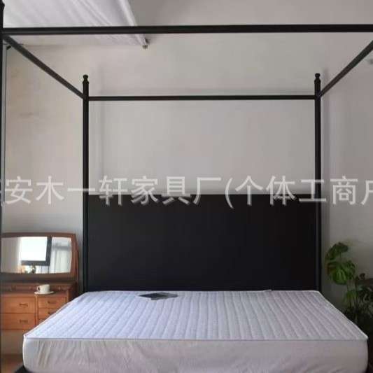 美式复古实木四柱子床蚊帐床小户型主卧法式田园黑色1.8米架子床