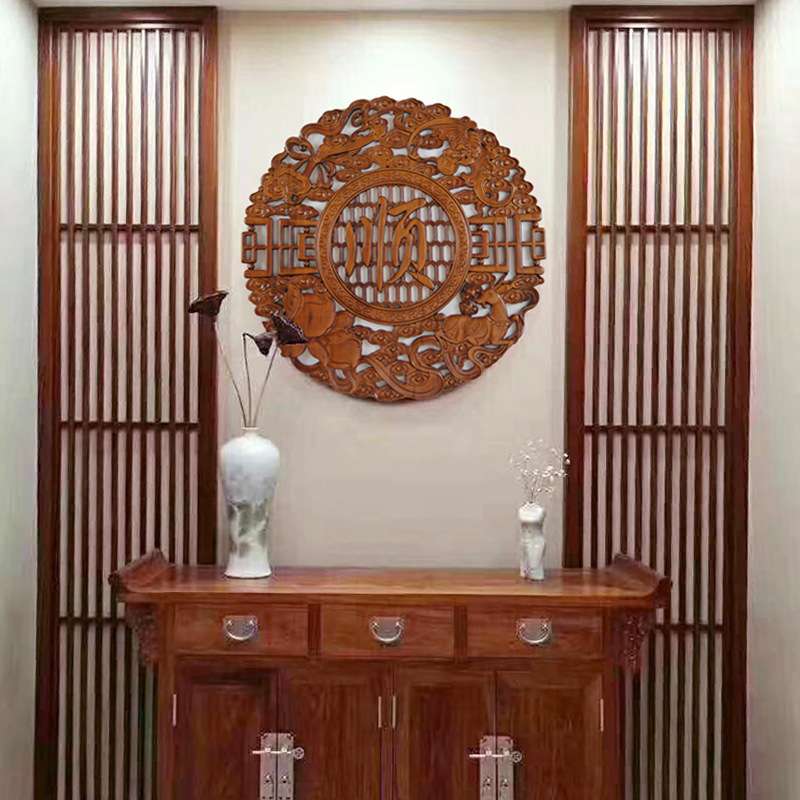 厂家直销东阳木雕新中式挂件客厅玄关雕刻工艺品实木圆形福字挂件