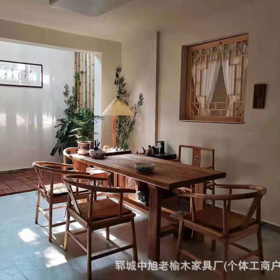 复古老榆木餐桌茶桌家用长方形餐桌原木吧台电脑桌书桌桌椅组合