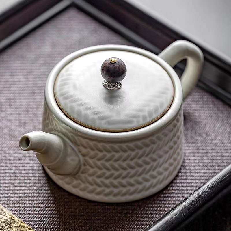 复古风手工茶壶茶具陶瓷泡茶壶家用单壶过滤孔竹编纹泡茶器壶承