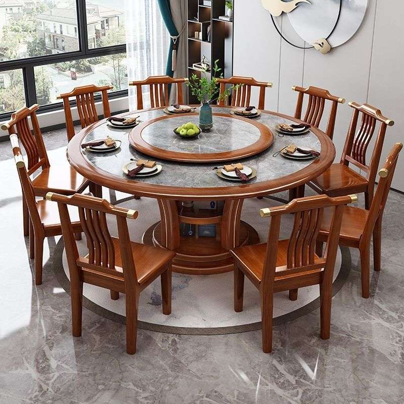 新中式岩板餐桌餐椅组合实木简约现代圆形大家庭饭桌家用聚会餐