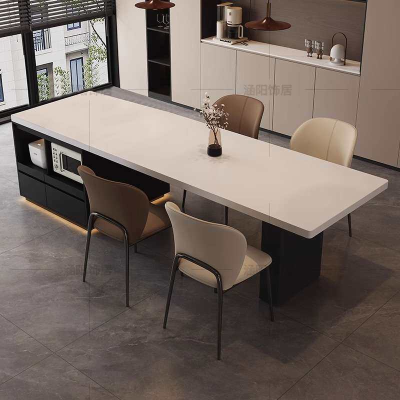 齐平岛台餐桌一体微波炉内嵌储物柜开放式厨房中岛台简约现代饭桌