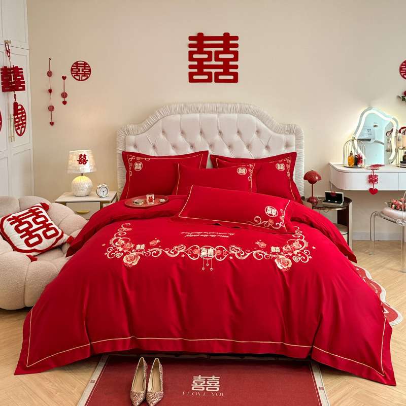 龙凤刺绣结婚四件套红色新婚陪嫁被套婚庆床上用品婚房喜被全套装