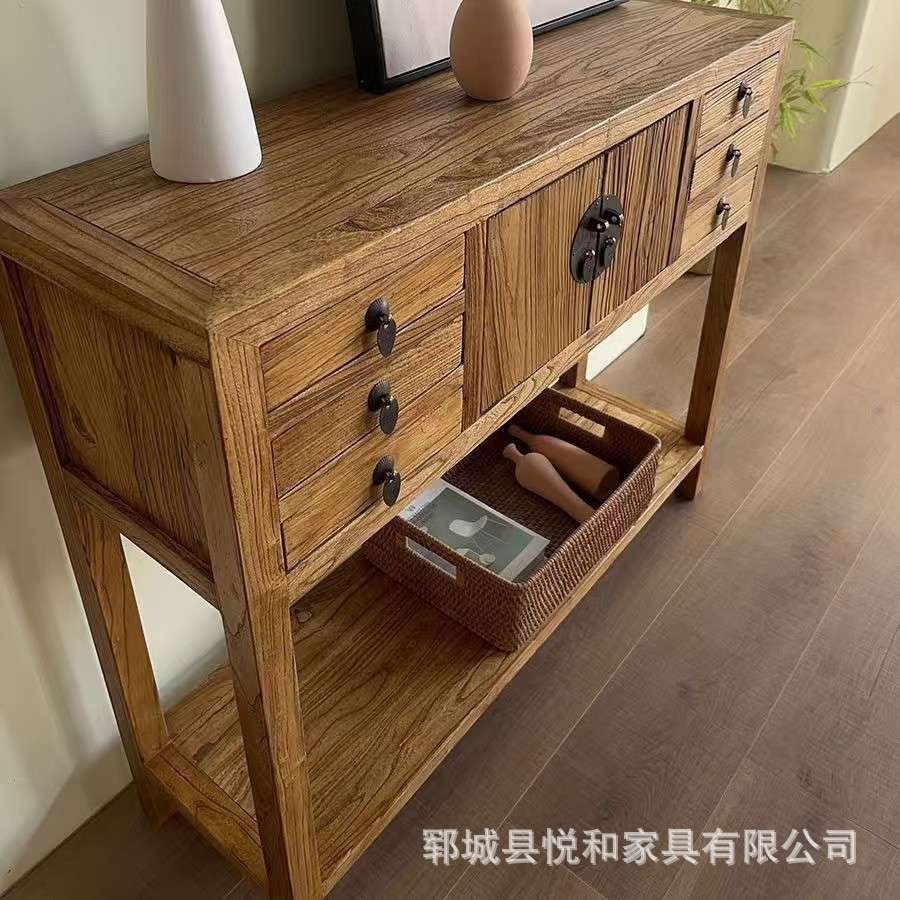 复古老榆木玄关柜新中式靠墙餐边柜玄关高脚家具禅意带抽屉式条案