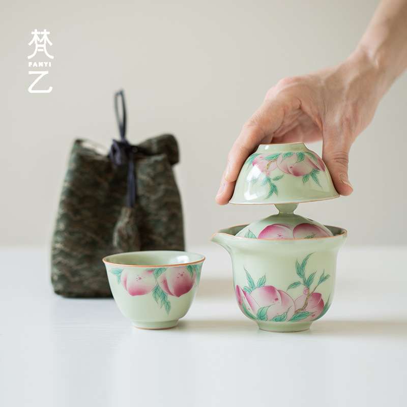 梵乙秘黄汝窑寿桃贴绘一壶两杯套装户外旅行便携式茶具笑套装