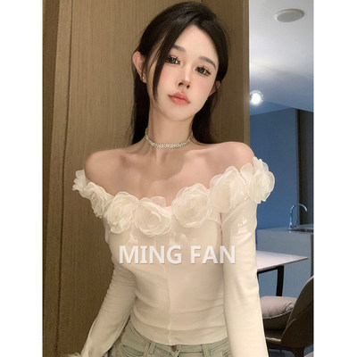 G2026女装春秋季新款气质立体玫瑰花边t性感露锁骨天丝棉T恤上衣