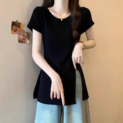 法式黑色开叉正肩短袖T恤女2025夏大码胖mm中长款打底衫收腰上衣