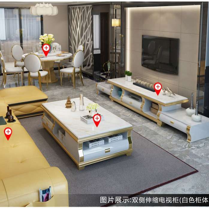 轻奢大理石茶几电视柜组合黑色白色北欧现代简约客厅小户型可伸缩