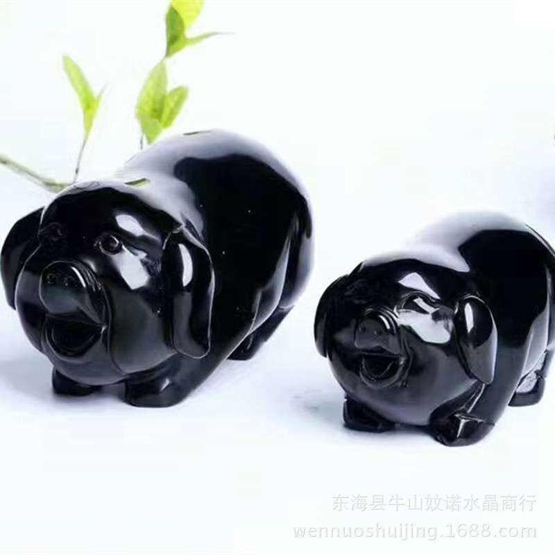 沁佩 天然材质黑曜石福气猪摆件大号福气猪精工雕刻可爱福猪摆