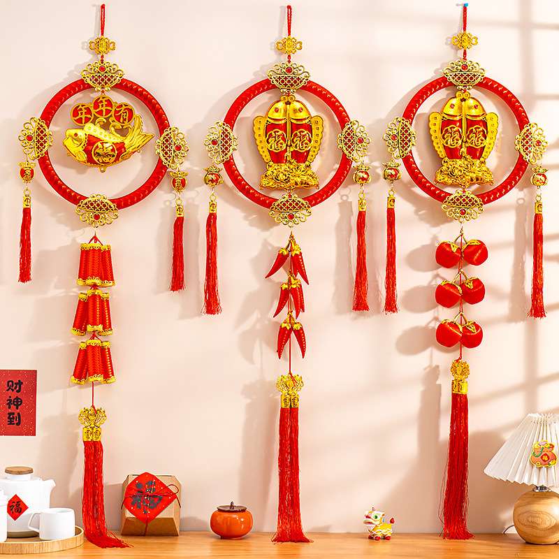 2025蛇年元旦新年装饰镀金丝线挂件春节过年鞭炮福鱼客厅玄关高档