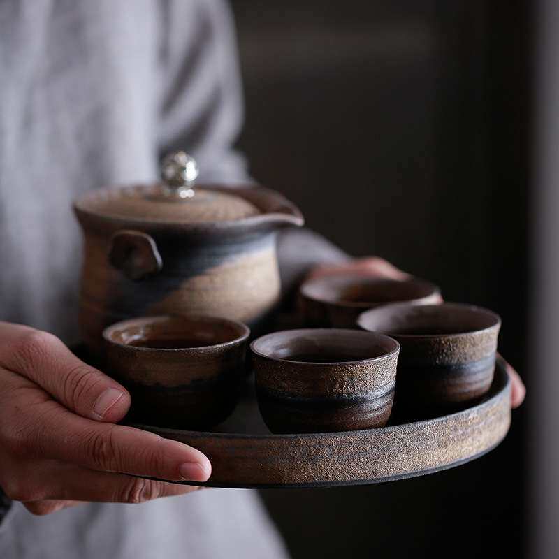 日式粗陶茶盘 手工复古鎏金干泡盘茶台茶托 陶瓷简约储水干泡茶盘