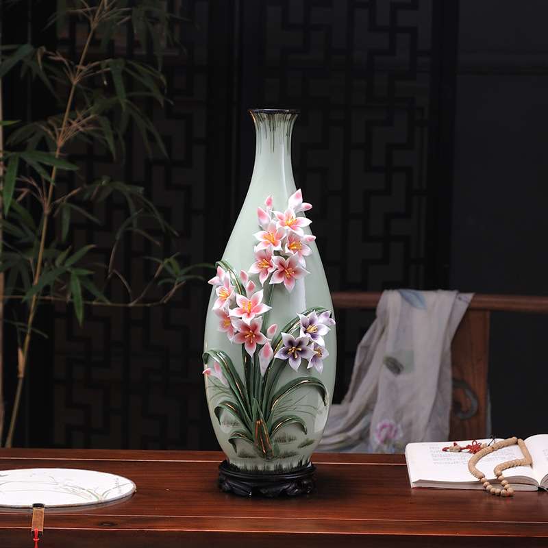 精美陶瓷花瓶摆件客厅插花手工装饰品莲花家居摆设新中式花器皿