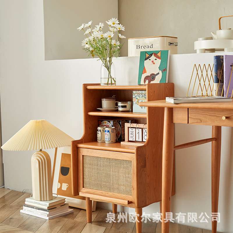 北欧实木书柜 小户型藤编轻奢床头柜现代简约创意客厅收纳储物柜