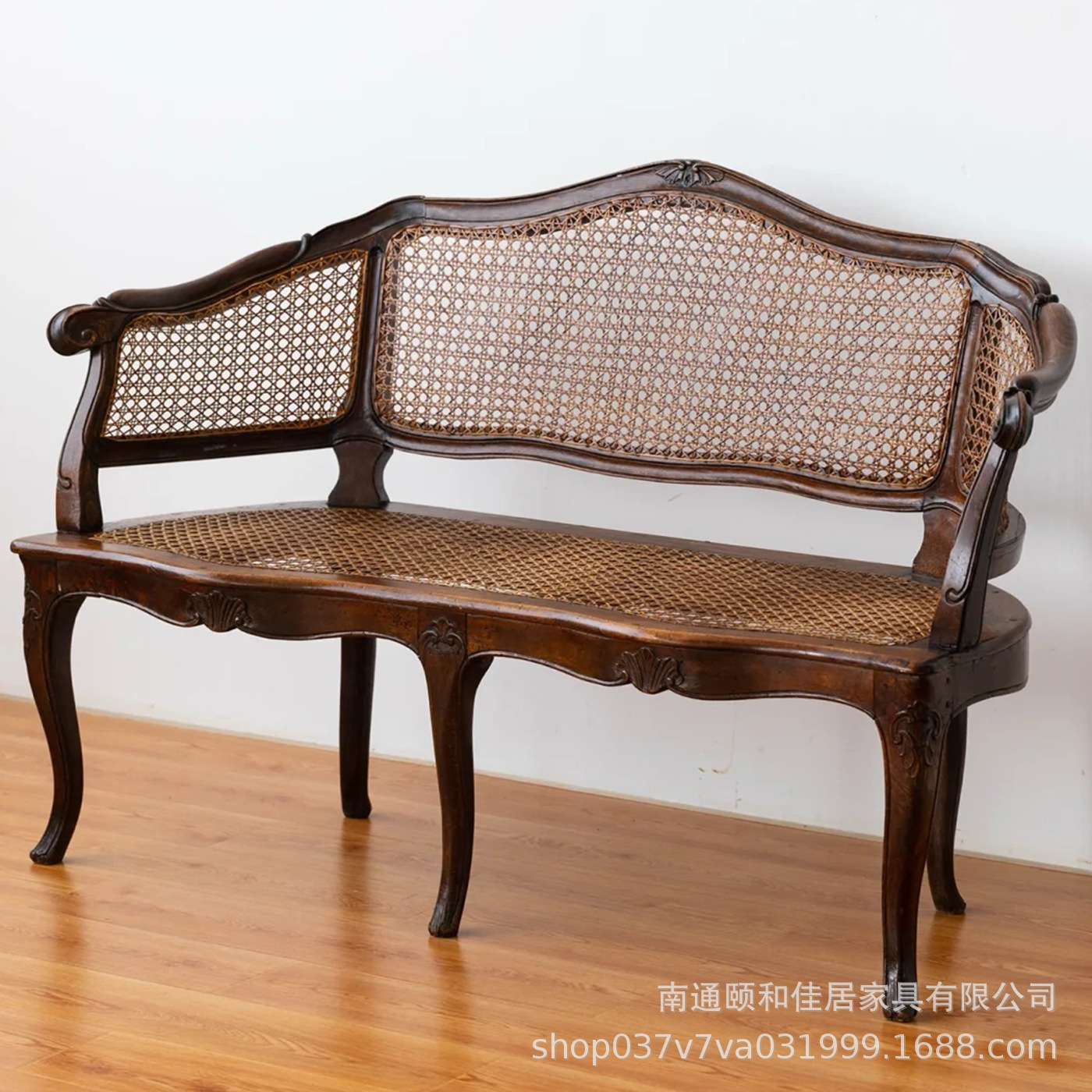 法式靠背藤编双人阳台客厅休闲椅别墅影楼复古实木雕花藤艺沙发椅