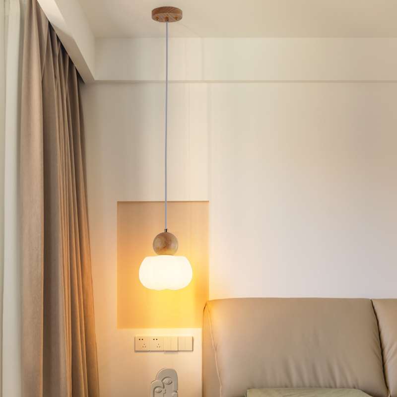 胡桃木色新中式LED餐厅灯三头高亮无频闪南瓜餐吊灯实木吧台灯具
