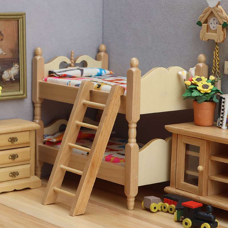 1:12娃娃屋迷你家具微缩模型ob11摆件儿童房木质双层叠床上下床