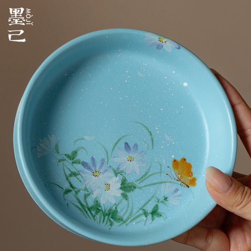 唐宋束刻湖蓝花涧书怀壶承茶道配件家用茶点盘陶瓷手绘干泡盘底托