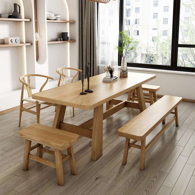 ?寂风实木餐桌椅组合家用原木风长方形松木饭桌日式休闲聚餐餐桌