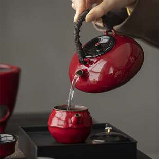 赭红藤编提梁壶 手工陶瓷带过滤泡茶壶暖茶温茶器套装中式