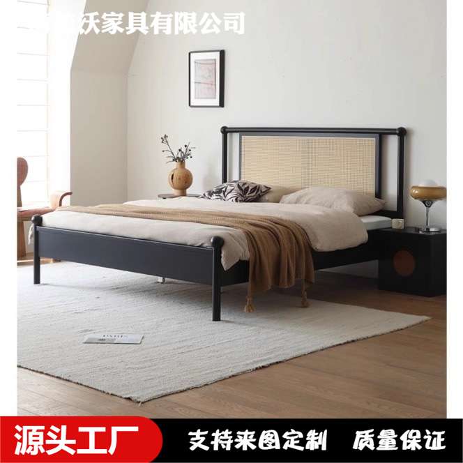 美式实木复古双人床主卧1.51.8米卧室法式编藤中古风大床酒店民宿