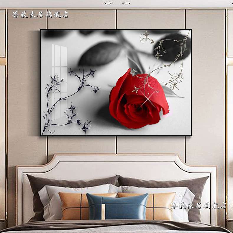 卧室床头装饰画主卧挂画现代简约客厅墙画壁画轻奢玫瑰风景玻璃画