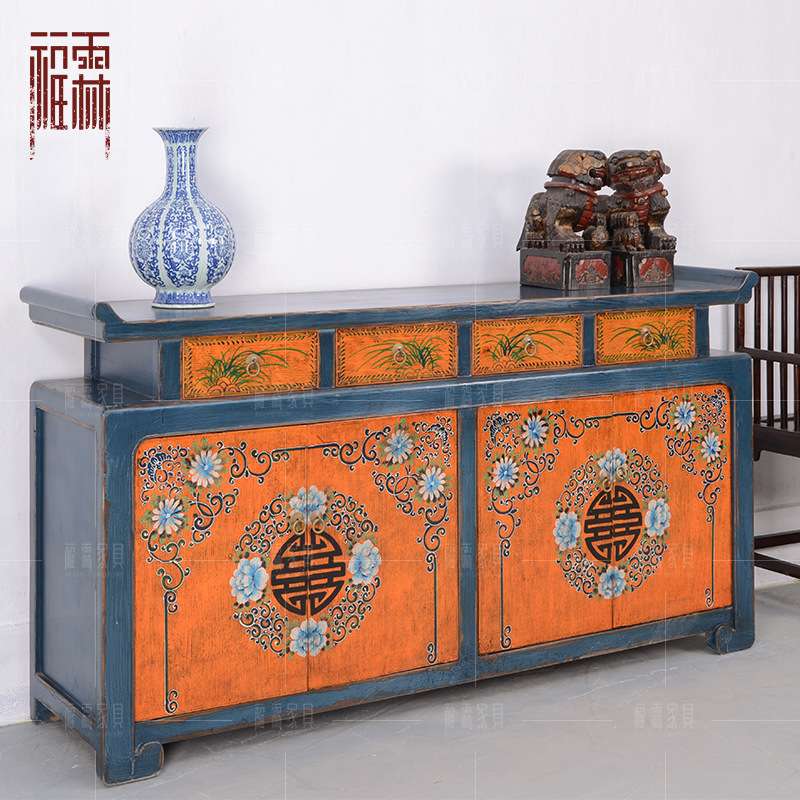 中式仿古典翘头实木餐边柜储物柜客厅彩漆玄关柜台复古做旧家具