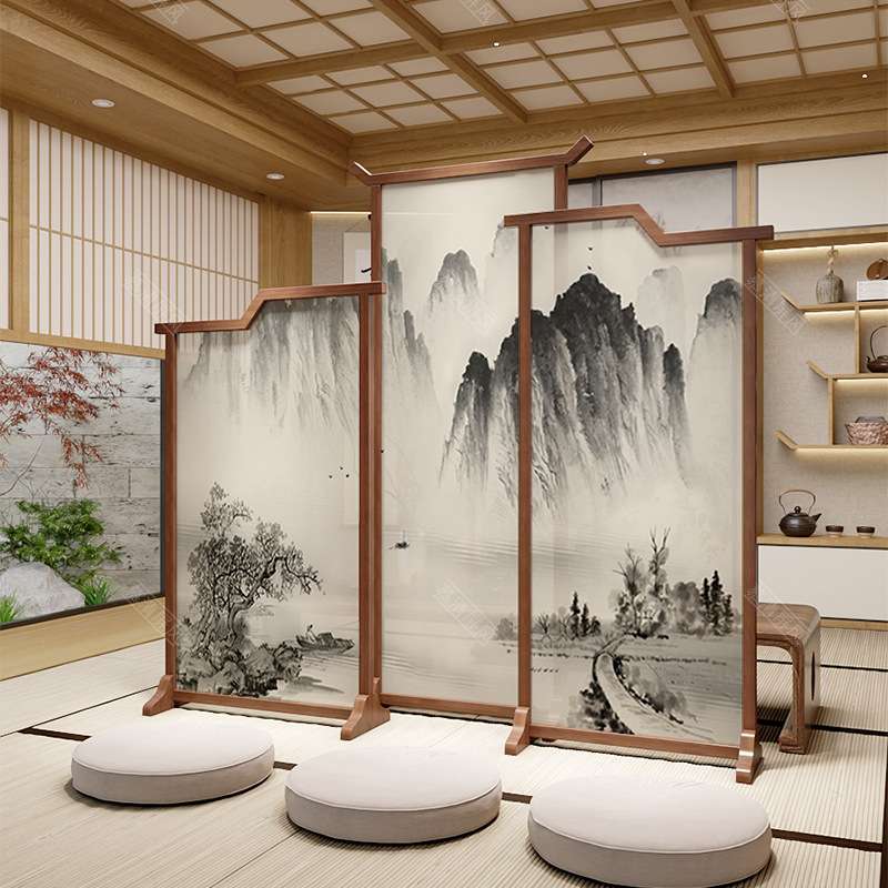 中古风实木山水画座屏家用可移动屏风玄关隔断客厅茶室餐厅遮挡