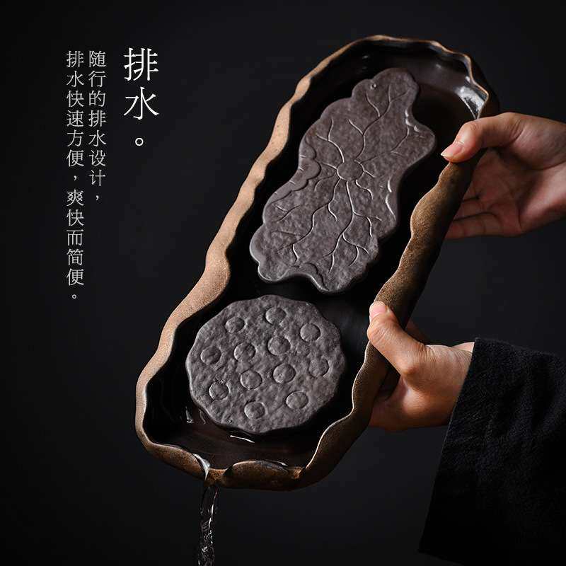 德玉堂 粗陶鎏金干泡盘创意莲蓬储水陶瓷柴烧茶盘家用壶承小茶台