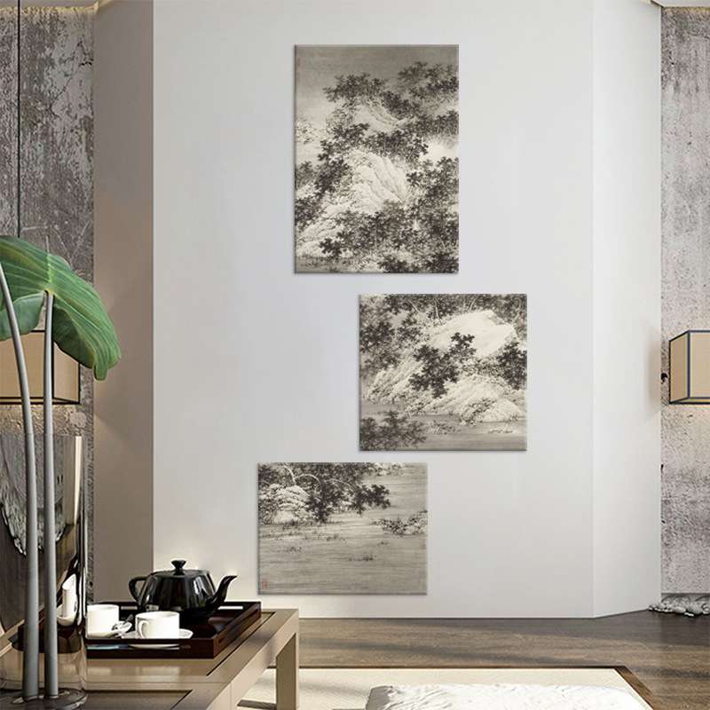 松林寒山 新中式入户玄关组合画酒店大堂多联山水挂画水墨茶室画