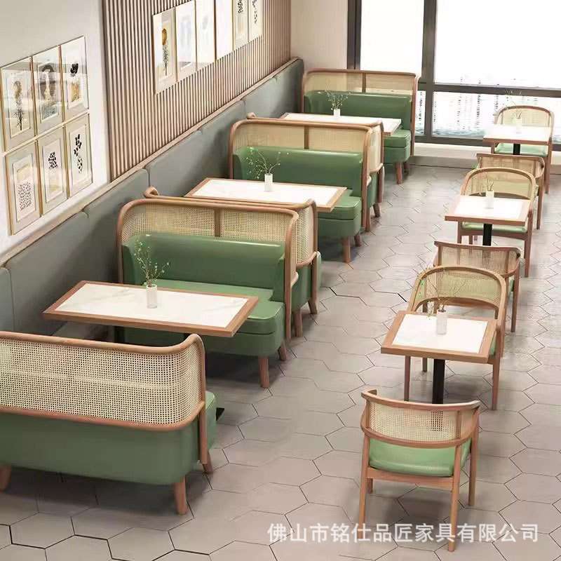 卡座沙发东南亚港式茶餐厅日料店编藤实木桌椅组合编藤实木卡座