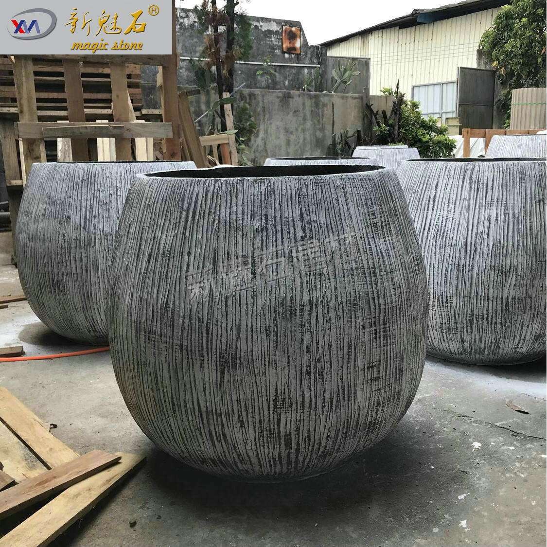 轻奢创意花钵组合混凝土竖纹发财树种植盆大商场美陈水泥花盆花箱