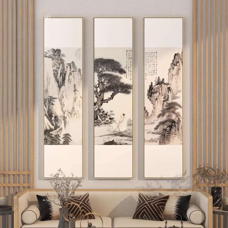 新中式茶室客厅三联装饰画迎客松挂画竖版入户玄关水墨山水墙壁画