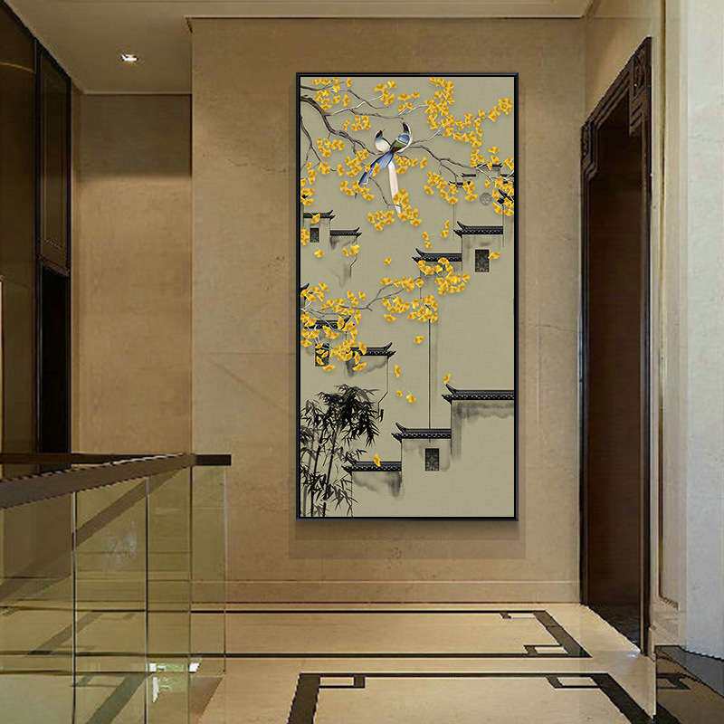 徽城古建新中式玄关装饰画竖版走廊尽头过道挂画徽派建筑花鸟壁画
