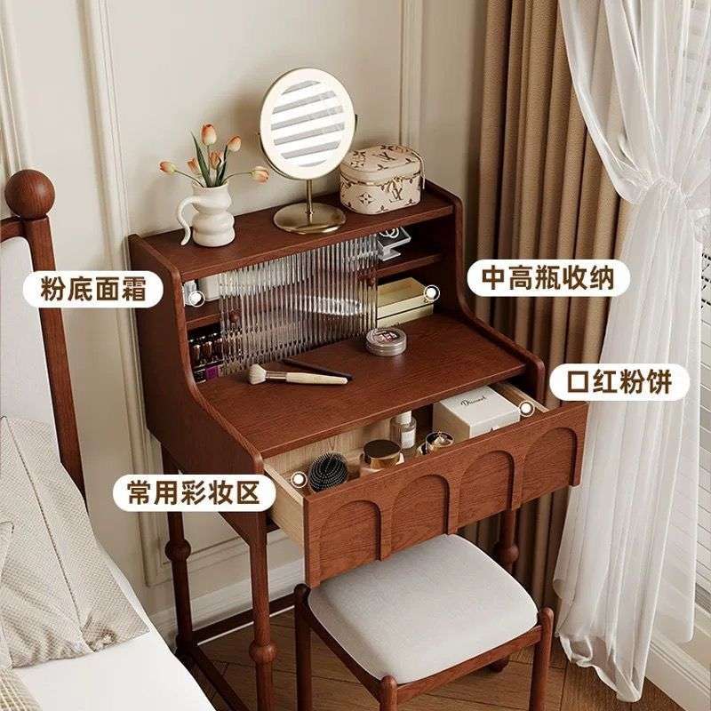 实木梳妆台卧室小户型极窄墙角床尾化妆桌化妆柜复古梳妆柜轻奢