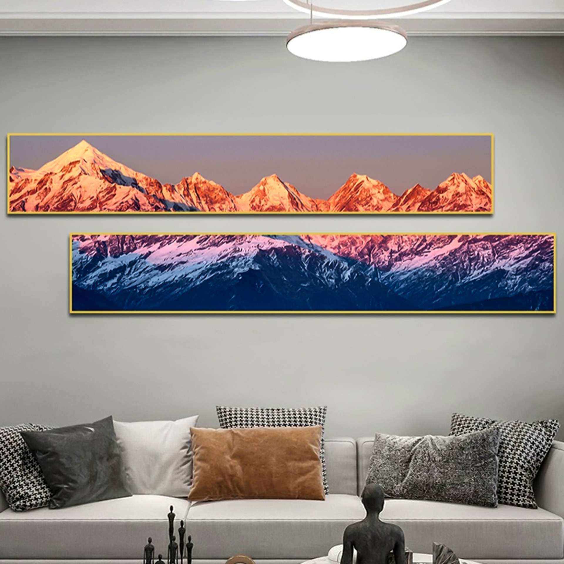 日照金山客厅挂画沙发背景工业风装饰画日式卧室床头长条组合壁画