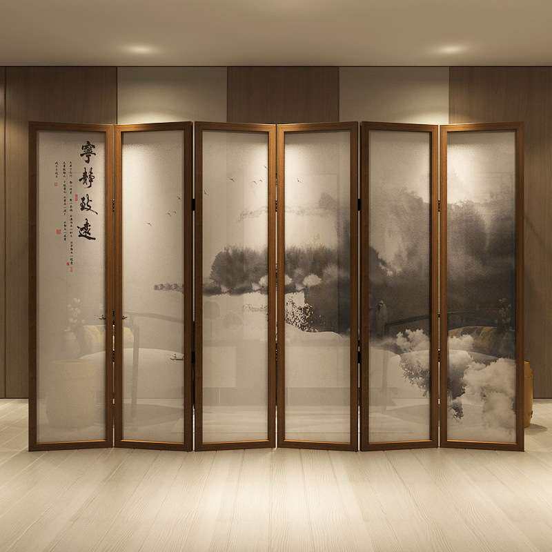 新古典屏风隔断中式客厅移动入户折叠遮挡茶室装饰办公室山水折屏