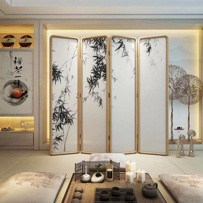 新中式屏风隔断入户玄关遮挡茶室沙发可折叠移动实木竹子弧形折屏