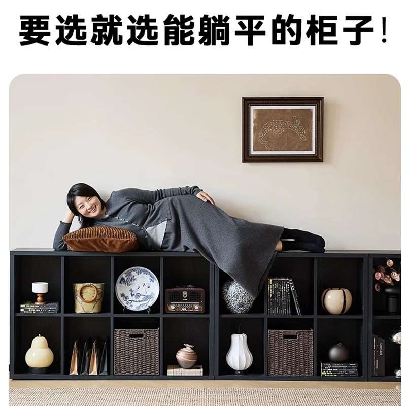 北欧黑色格子柜一体靠墙组合柜子客厅展示柜落地书柜电视柜置物柜