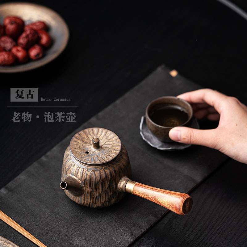 鎏金侧把壶小号创意木柄茶壶带过滤泡茶壶简约家用复古陶壶手把壶
