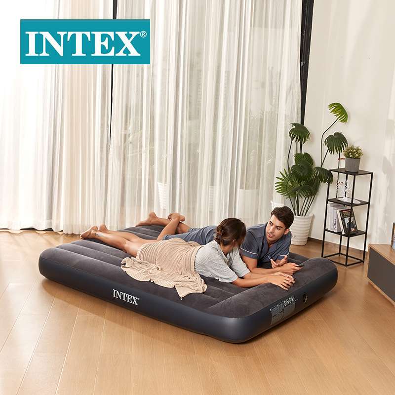 INTEX64143黑白内置枕头单层双人加大线拉空气床植绒野营充气床垫