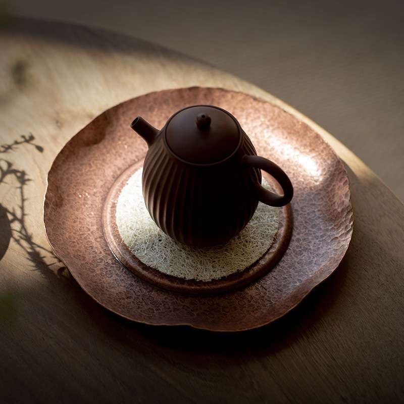 锤纹壶承纯铜干泡盘手工荷叶小茶盘茶壶托盘茶托壶垫茶具配件