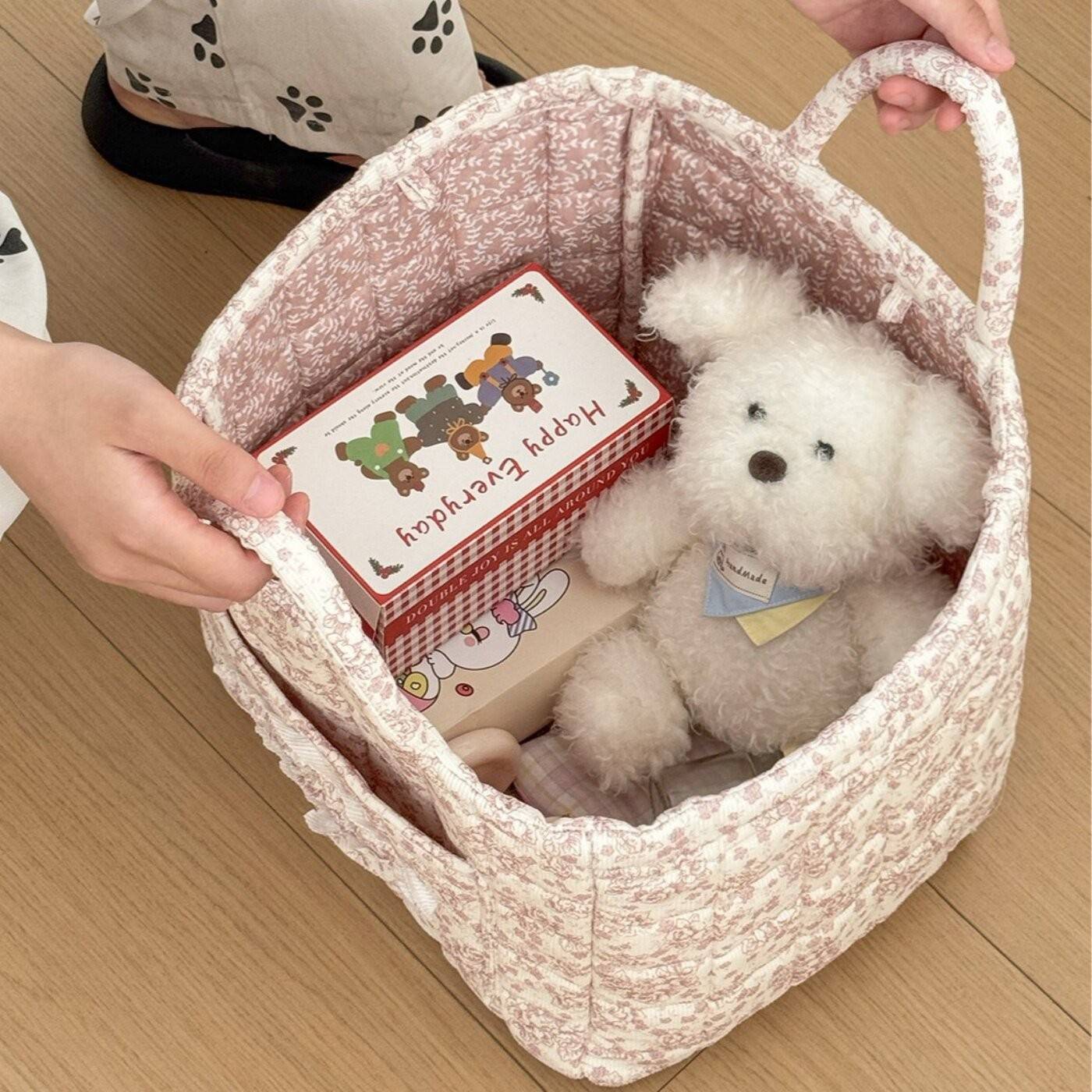 溥畔年 碎花田园风居家布艺灯芯绒芍药收纳筐内衣玩具杂物手提机