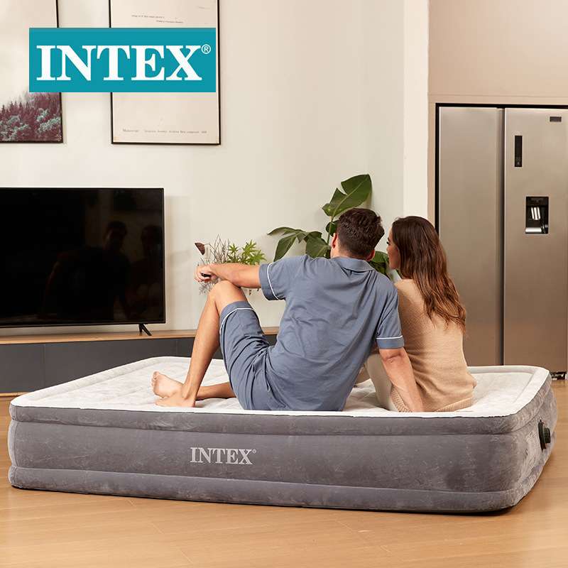INTEX67766豪华灰白双层单人线拉空气床内置电泵植绒充气床