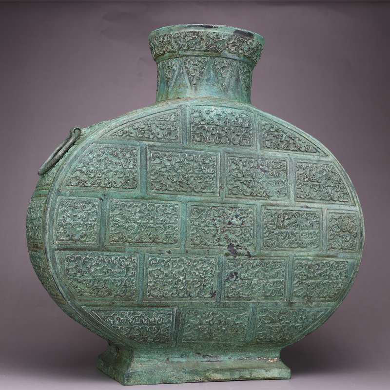 仿古青铜云纹扁壶摆件花瓶客厅酒柜家居艺术品纯铜收藏品