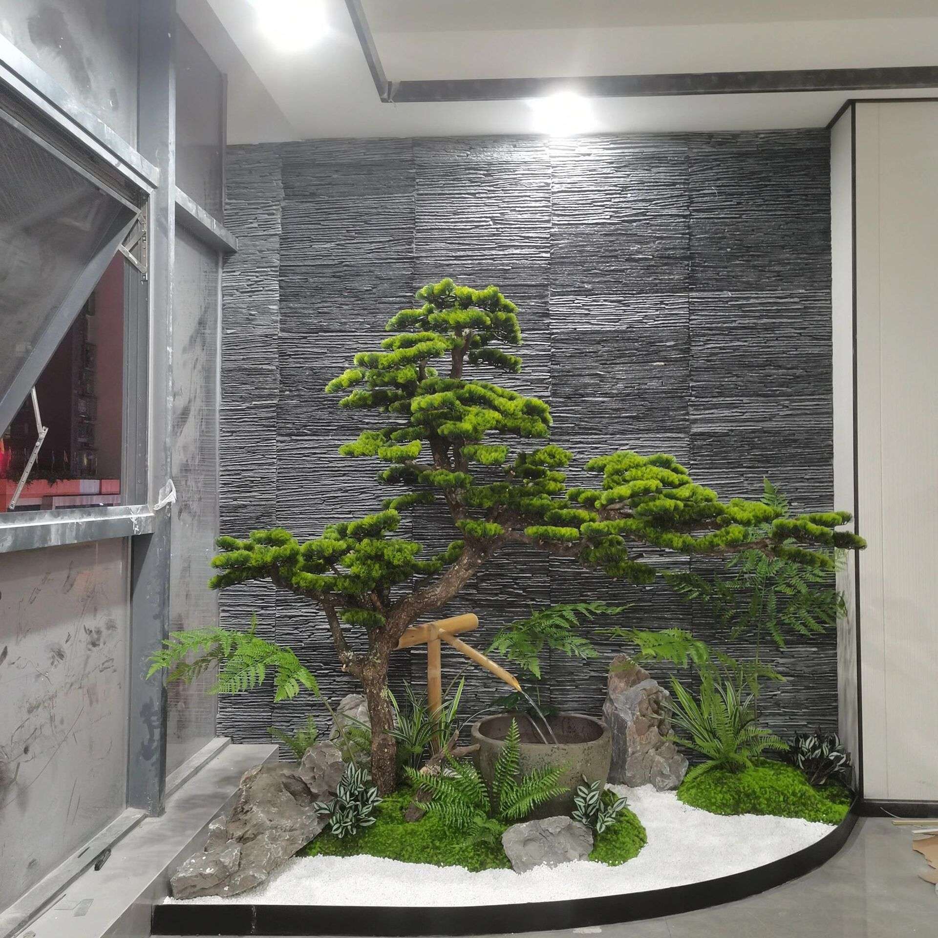 新中式迎客松仿真树室内绿植造景落地装饰盆景玄关楼梯下罗汉松树