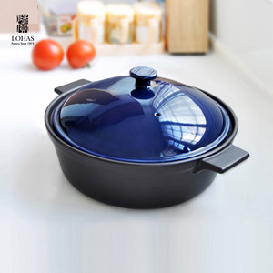 台湾陆宝陶锅乐彩方耳煎炒锅煎锅家用炒菜火锅汤锅炖煮锅4L宝石蓝