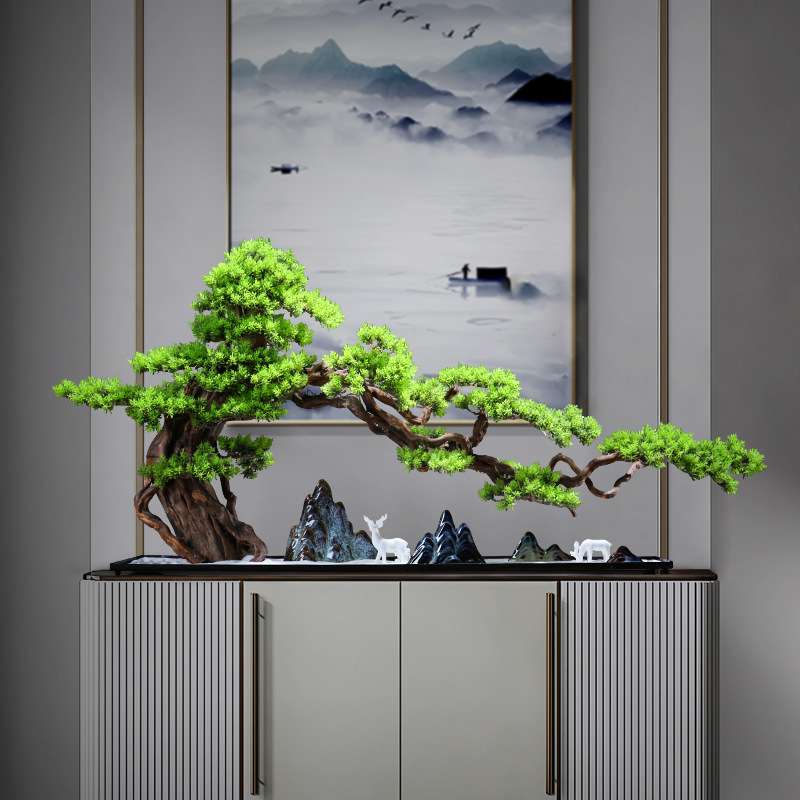 中式仿真迎客松摆件玄关边柜客厅办公室茶造景禅意根雕软装饰品