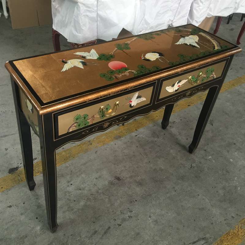至高美两斗玄关桌手工彩绘家具松鹤延年实木两斗桌亮光烤漆金箔柜