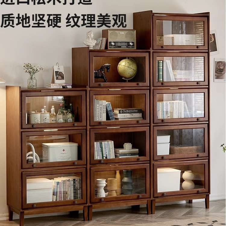 实木书柜落地玻璃翻盖式防尘书架收纳储物柜客厅组合展示立柜整装